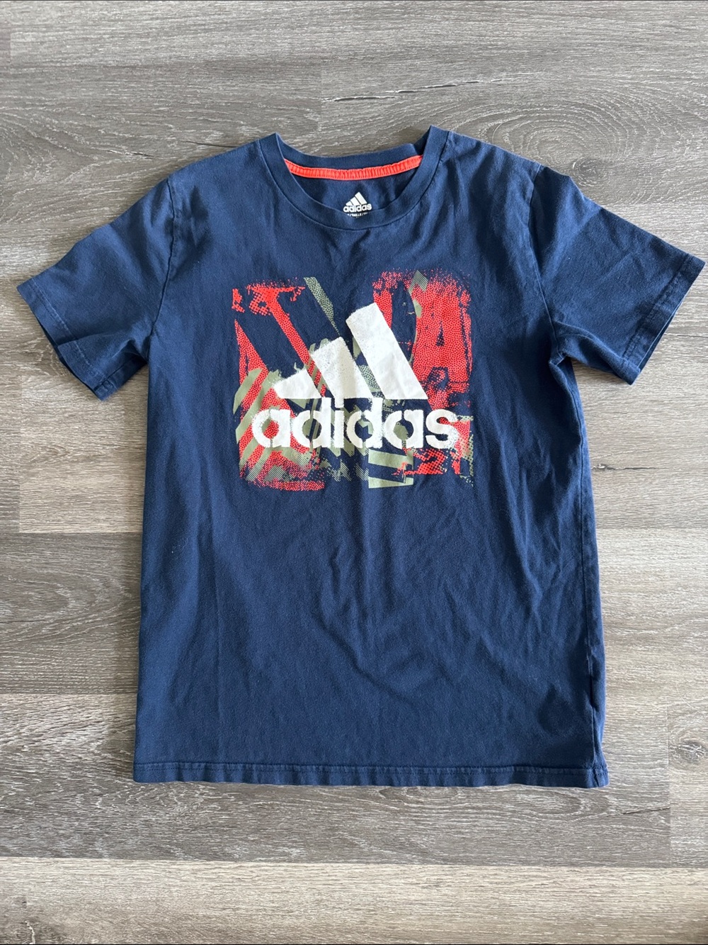 adidas Navy Short-Sleeve Logo Tee with Red/ Orange & Olive Graphic